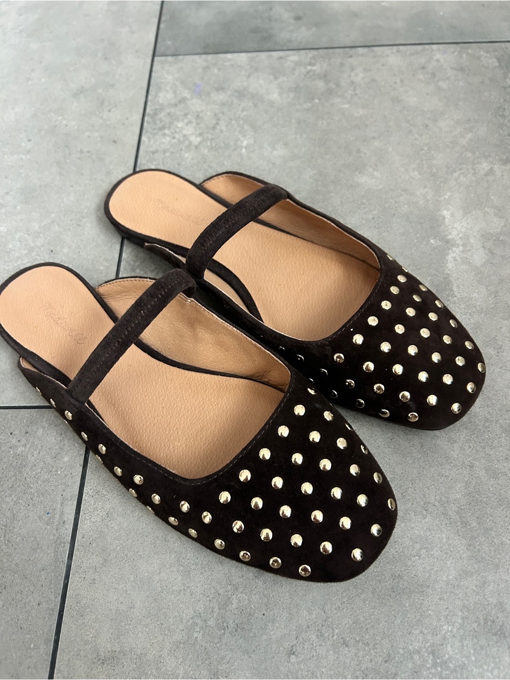 Madewell Greta Ballet Flat Mules Studded Suede Brown 6